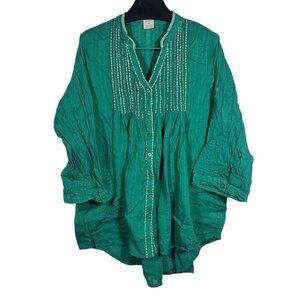 Roamans Button Tunic Top Womens 24W Embroidered Seersucker Roll-Tab 3/4 Sleeve